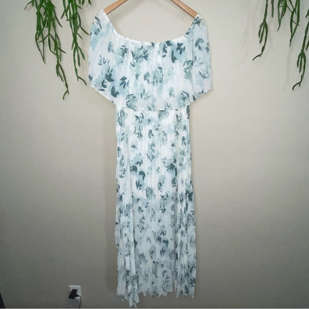Entro Floral Green and White Off the Shoulder Long Maxi Dress